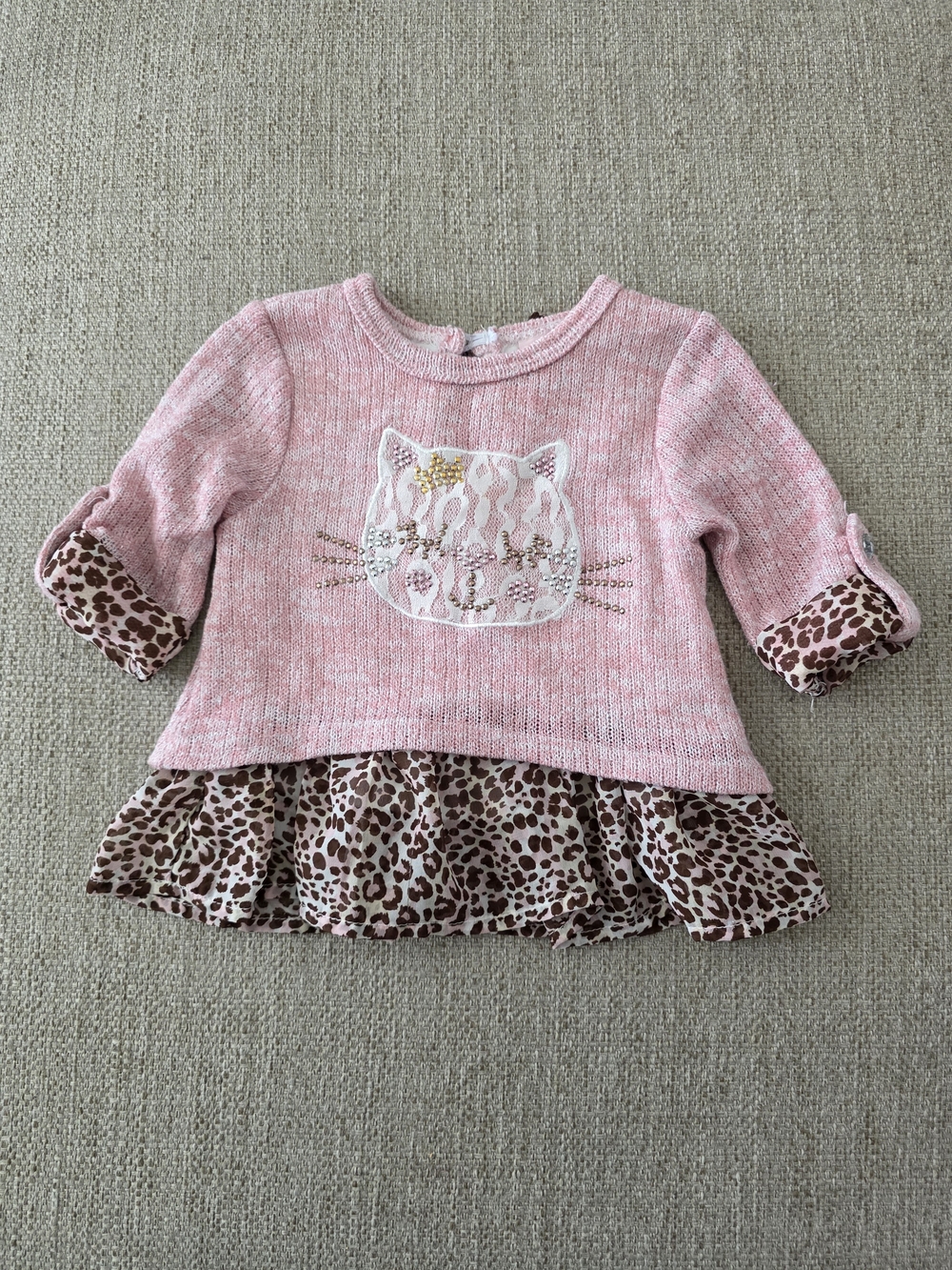Little Lass Pink Knit Cat Sweater with Leopard Ruffle